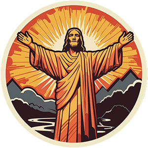 AI Jesus. Illustration of Jesus Christ standing before a large mountain landscape during sunrise, the bright orange sun ways covering the man.