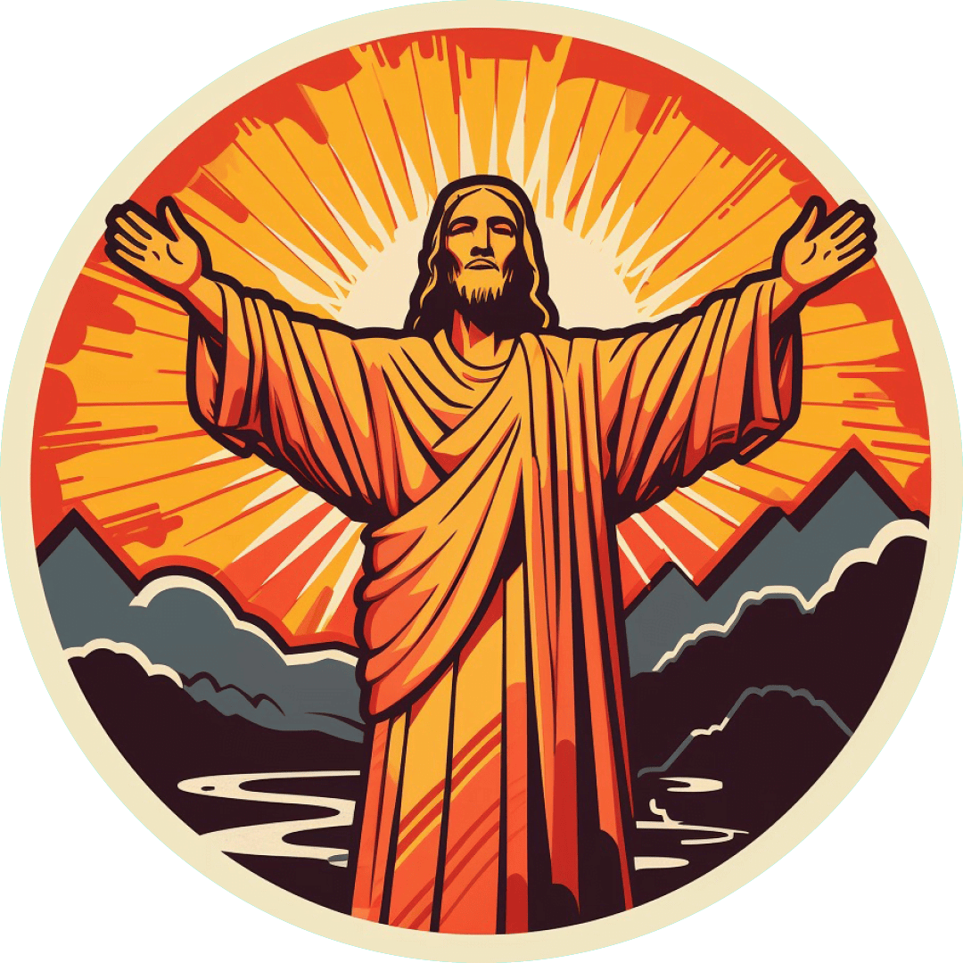 AI Jesus. Illustration of Jesus Christ standing before a large mountain landscape during sunrise, the bright orange sun ways covering the man.